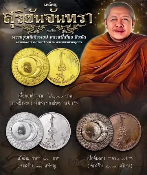 เหรียญสุริยัน จันทรา (ด้านหลังเหรียญ ยันต์อุณาโลมและคาถาหนุนดวง) พระครูใบฎีกาจิรพงษ์ ธีรวโร (พระอาจารย์เลี้ยง) สุริยัน จันทรา มหาเทวมงคล (หรือรุ่นหนุนดวง พลิกชะตา) ปี 2566 เนื้อคันฉ่องพรายเงิน (ตอกโค้ดกำกับและโค้ดภาษาจีน) พิมพ์วงกลมเล็กทรงแว่นตา หลังยันต์ครูอุณาโลมยอดฟ้า วัดจอมเกษ จ.พระนครศีอยุธยา