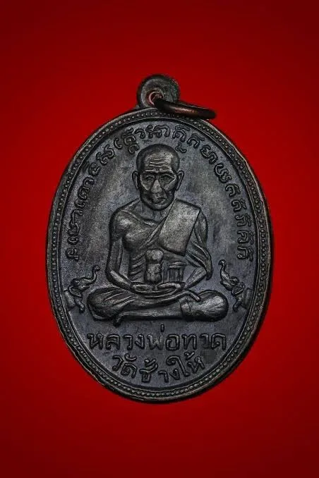 เหรียญรูปไข่หลวงปู่ทวด รุ่นสอง พระอาจารย์ทิม ธมฺมธโร (พระครูวิสัยโสภณ) รุ่นสอง (รุ่นสร้างวิหาร) ปี 2502 เนื้อทองแดงรมดำ พิมพ์หน้าใหญ่ ไข่ปลาเล็ก (หลังยันต์พุฒย้อยสั้น / บล็อกสายฝน) วัดช้างให้ (วัดราษฎร์บูรณะ) จ.ปัตตานี
