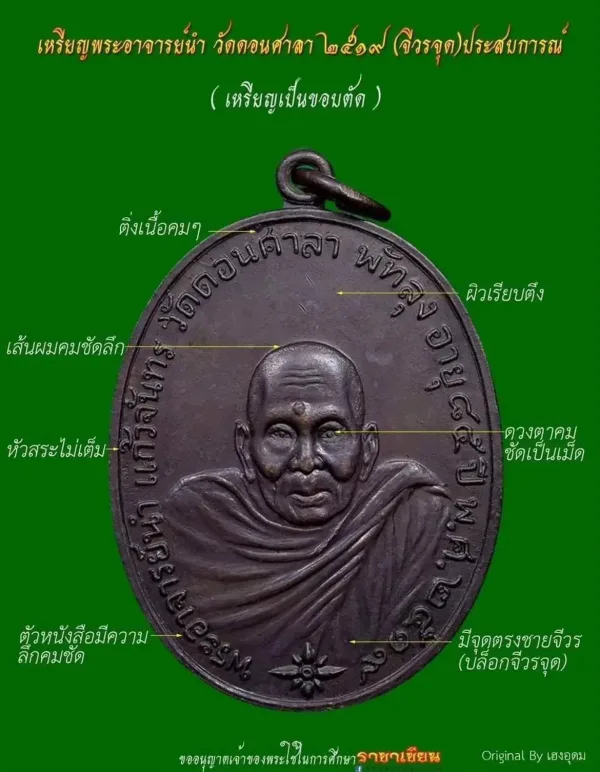 เหรียญพระอาจารย์นำ ชินวโร (เหรียญรูปไข่หันข้างครึ่งองค์) พระอาจารย์นำ ชินวโร (แก้วจันทร์) รุ่นแรก ปี 2519 เนื้อทองแดงรมดำ (หรือเนื้อโลหะผสมบ้านเชียง) บล็อกจีวรจุด หลังผด (มีจุดกลมตรงชายจีวร) วัดดอนศาลา (อ.ควนขนุน) พัทลุง รวมทุกบล็อกในเนื้อทองแดงประมาณ 20,000 เหรียญ