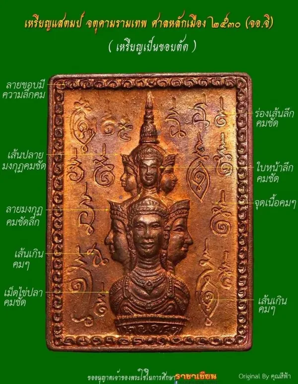 เหรียญ เหรียญแสตมป์พระเสื้อเมือง-พระทรงเมือง (จตุคามรามเทพ) พล.ต.ต. ขุนพันธรักษ์ราชเดช และคณะกรรมการจัดสร้างศาลหลักเมือง รุ่นแรก พิธีเจิมยอดชัยหลักเมือง ปี 2530 เนื้อทองแดง พิมพ์ยันต์ข้าง บล็อกธรรมดา (ไม่มีหู) ศาลหลักเมือง จ.นครศรึธรรมราช 120000
