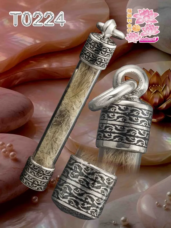 ฝาหัวจุกเงินหูเดียวแนวตั้ง ลงยาดำลายเถาวัลย์ - T0224