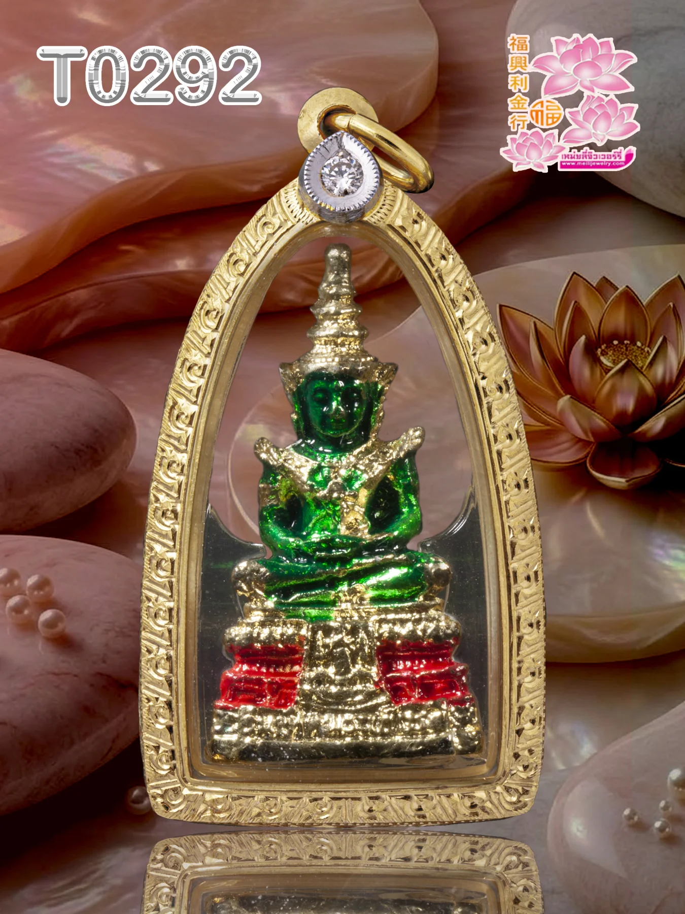 กรอบทองหน้าโอธรรมดาลายแข้งสิงห์ทั้งองค์ยอดบนฝังเพชรทรงหยดน้ำ 1 เม็ด - T0292italy