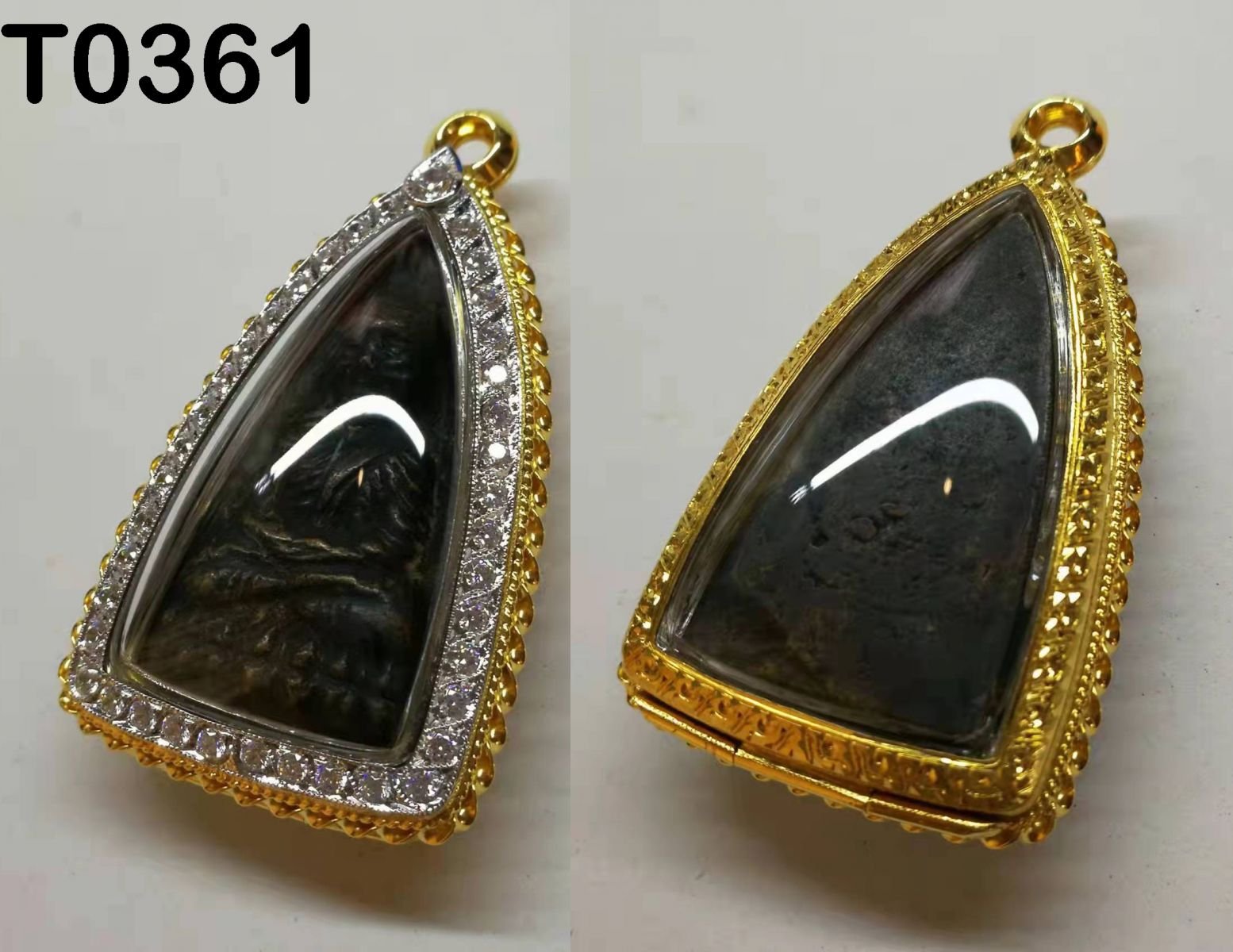 ตลับทองหน้าโอเพชรรอบ ยอดฝังเพชรทรงหยดน้ำ1เม็ด ข้างลวดเกลียว3ชั้น หลังบนลายปาดลายล่างลายแข้งสิงห์ - T0361